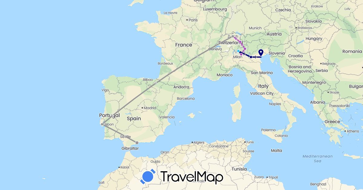 TravelMap itinerary: driving, plane, train, boat in Switzerland, Spain, Italy, Portugal (Europe)